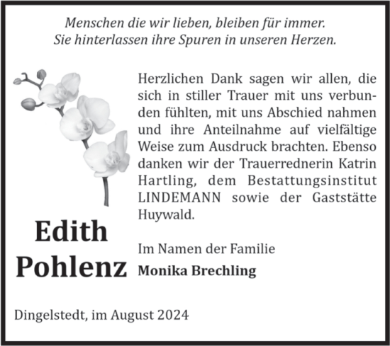 Traueranzeige von Edith Pohlenz von Volksstimme Halberstadt