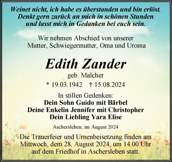 Traueranzeige von Edith Zander von Trauerkombi Aschersleben