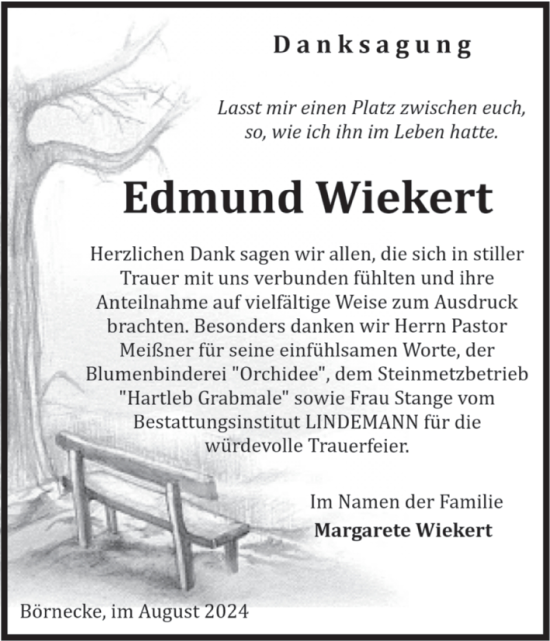 Traueranzeige von Edmund Wiekert von Volksstimme Wernigerode