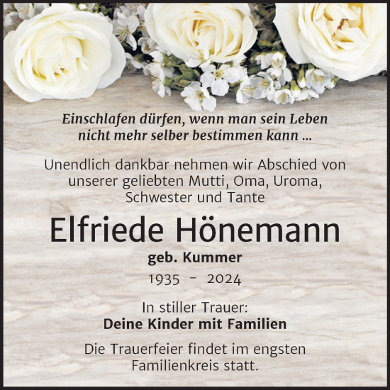 Traueranzeige von Elfriede Hönemann von Trauerkombi Wittenberg