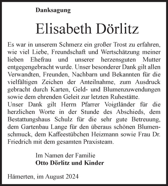 Traueranzeige von Elisabeth Dörlitz von Volksstimme Altmark Ost