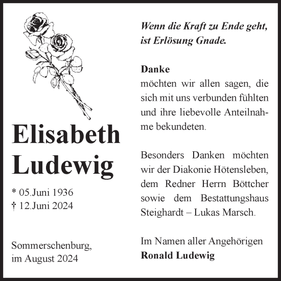 Traueranzeige von Elisabeth Ludewig von Volksstimme Oschersleben/Wanzleben