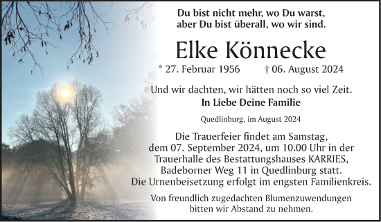 Traueranzeige von Elke Könnecke von Trauerkombi Quedlinburg