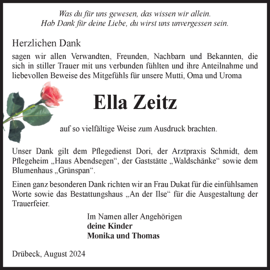 Traueranzeige von Ella Zeitz von Volksstimme Wernigerode
