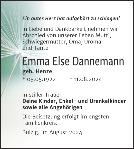 Traueranzeige von Emma Else Dannemann von Trauerkombi Wittenberg