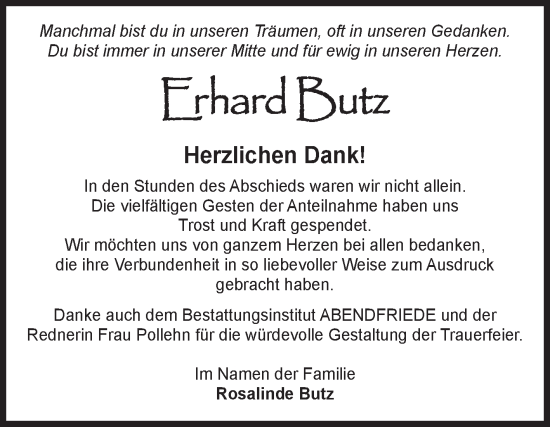 Traueranzeige von Erhard Butz von Volksstimme Magdeburg