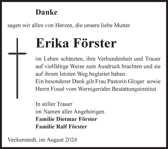 Traueranzeige von Erika Förster von Volksstimme Wernigerode