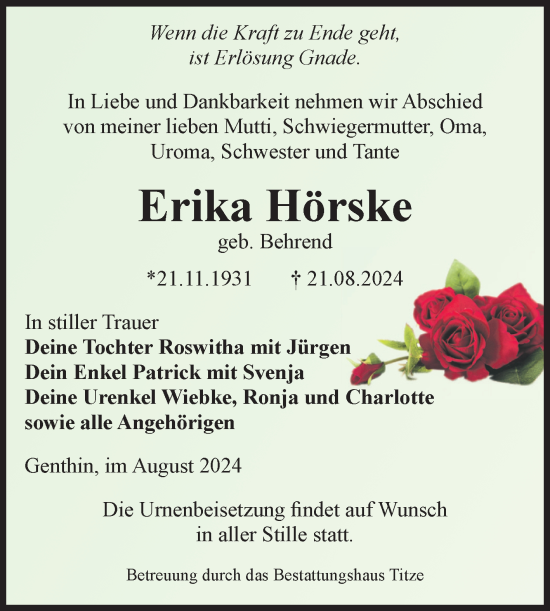 Traueranzeige von Erika Hörske von Volksstimme Burg/Genthin
