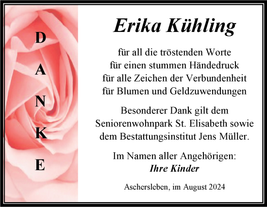 Traueranzeige von Erika Kühling von Trauerkombi Aschersleben