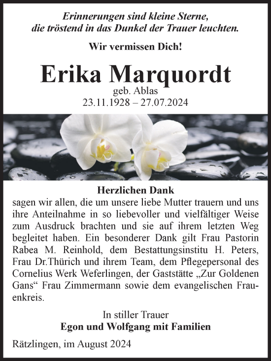 Traueranzeige von Erika Marquordt von Volksstimme Haldensleben/Wolmirstedt