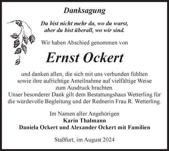 Traueranzeige von Ernst Ockert von Volksstimme Staßfurt