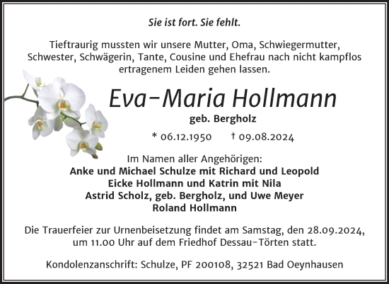 Traueranzeige von Eva-Maria Hollmann von Trauerkombi Dessau