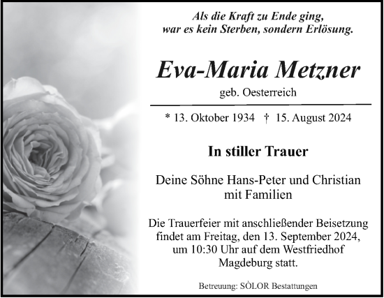 Traueranzeige von Eva-Maria Metzner von Volksstimme Magdeburg