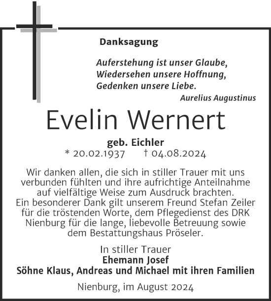 Traueranzeige von Evelin Wernert von Trauerkombi Bernburg