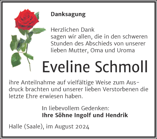 Traueranzeige von Eveline Schmoll von Mitteldeutsche Zeitung Halle/Saalkreis