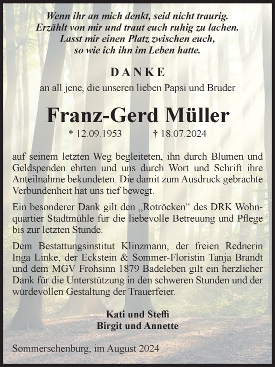 Traueranzeige von Franz-Gerd Müller von Volksstimme Oschersleben/Wanzleben