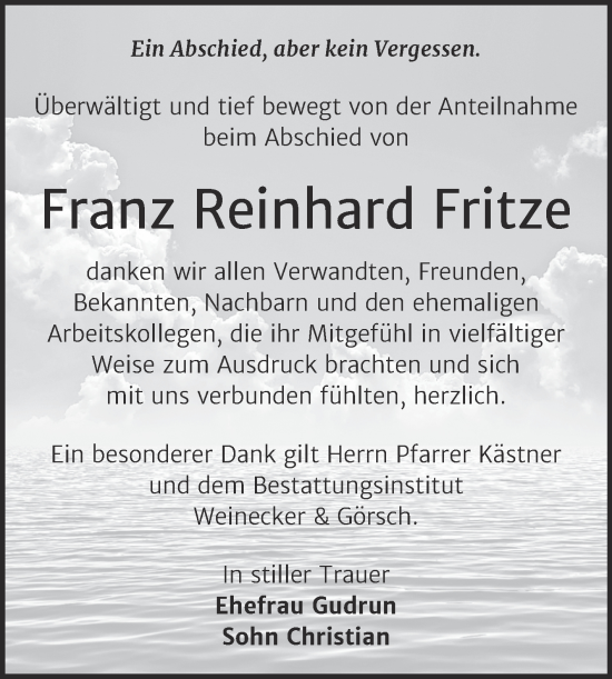 Traueranzeige von Franz Reinhard Fritze von Trauerkombi Bernburg