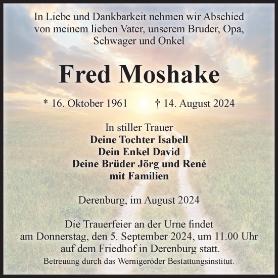 Traueranzeige von Fred Moshake von Volksstimme Wernigerode