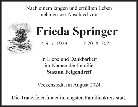 Traueranzeige von Frieda Springer von Volksstimme Wernigerode