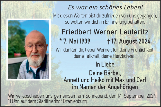 Traueranzeige von Friedbert Werner Leuteritz von Mitteldeutsche Zeitung Dessau-Roßlau