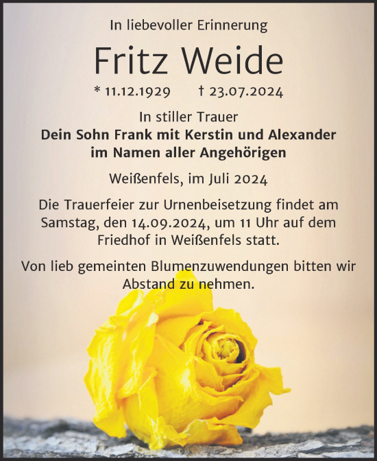 Traueranzeige von Fritz Weide von Trauerkombi Weißenfels