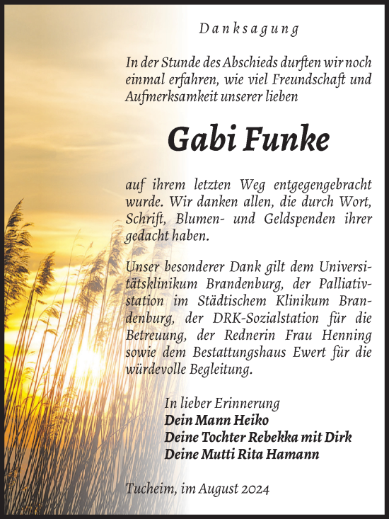 Traueranzeige von Gabi Funke von Volksstimme Burg/Genthin