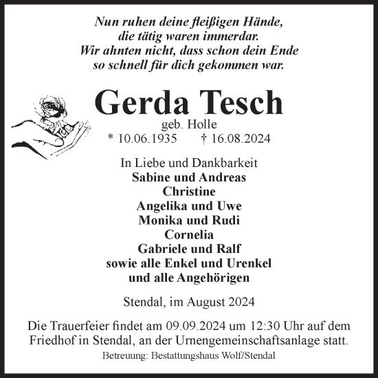 Traueranzeige von Gerda Tesch von Volksstimme Altmark Ost