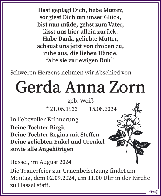 Traueranzeige von Gerda Anna Zorn von Trauerkombi Zeitz