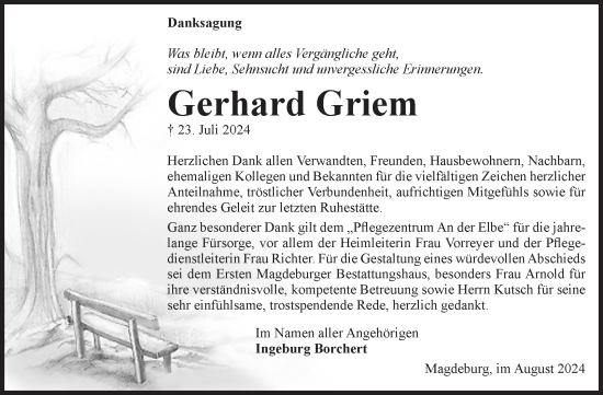 Traueranzeige von Gerhard Griem von Volksstimme Magdeburg