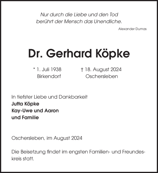 Traueranzeige von Gerhard Köpke von Volksstimme Oschersleben/Wanzleben