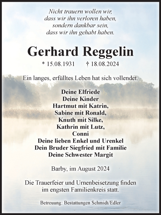 Traueranzeige von Gerhard Reggelin von Volksstimme Schönebeck