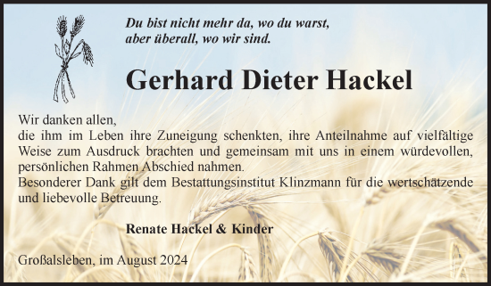 Traueranzeige von Gerhard Dieter Hackel von Volksstimme Oschersleben/Wanzleben
