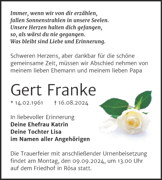 Traueranzeige von Gert Franke von Trauerkombi Bitterfeld
