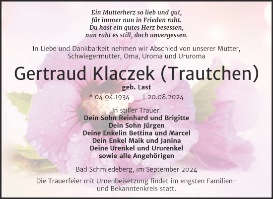 Traueranzeige von Gertraud Klaczek von Trauerkombi Wittenberg