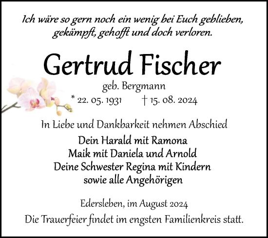 Traueranzeige von Gertrud Fischer von Trauerkombi Sangerhausen