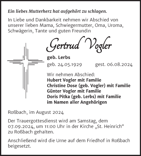 Traueranzeige von Gertrud Vogler von Trauerkombi Merseburg