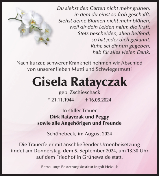 Traueranzeige von Gisela Ratayczak von Volksstimme Schönebeck