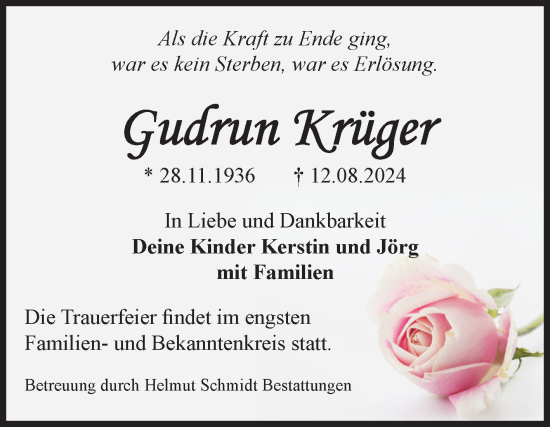 Traueranzeige von Gudrun Krüger von Volksstimme Magdeburg