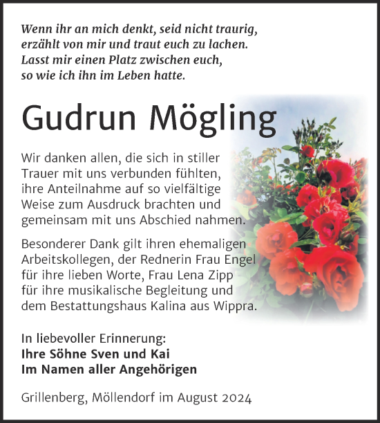 Traueranzeige von Gudrun Mögling von Trauerkombi Sangerhausen