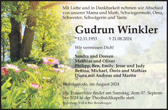 Traueranzeige von Gudrun Winkler von Volksstimme Wernigerode