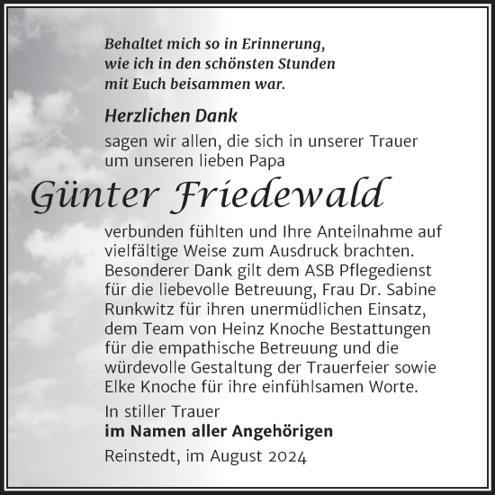 Traueranzeige von Günter Friedewald von Trauerkombi Quedlinburg