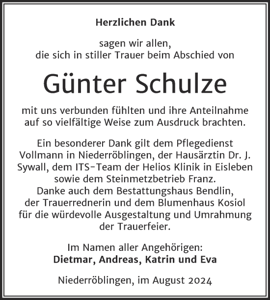 Traueranzeige von Günter Schulze von Trauerkombi Sangerhausen
