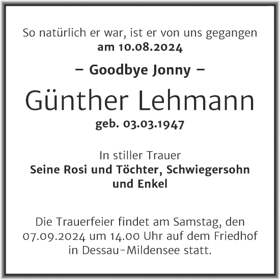 Traueranzeige von Günther Lehmann von Trauerkombi Dessau