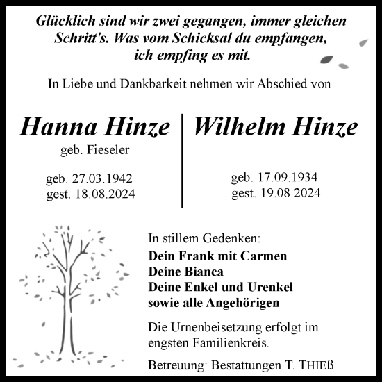Traueranzeige von Hanna und Wilhelm Hinze von Volksstimme Wernigerode