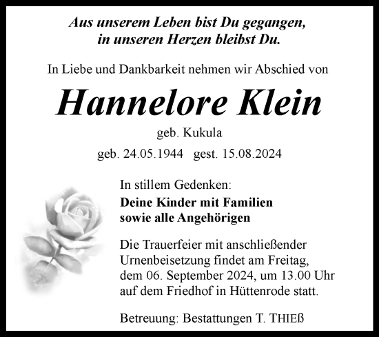 Traueranzeige von Hannelore Klein von Volksstimme Wernigerode