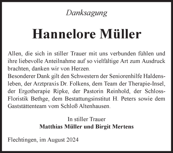 Traueranzeige von Hannelore Müller von Volksstimme Haldensleben/Wolmirstedt