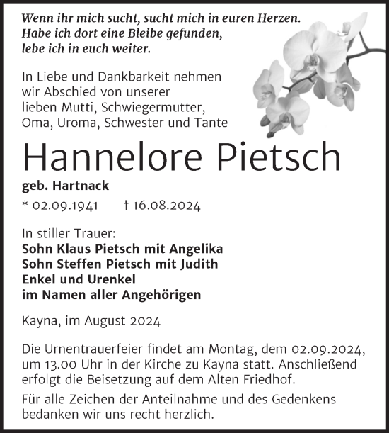 Traueranzeige von Hannelore Pietsch von Super Sonntag Zeitz