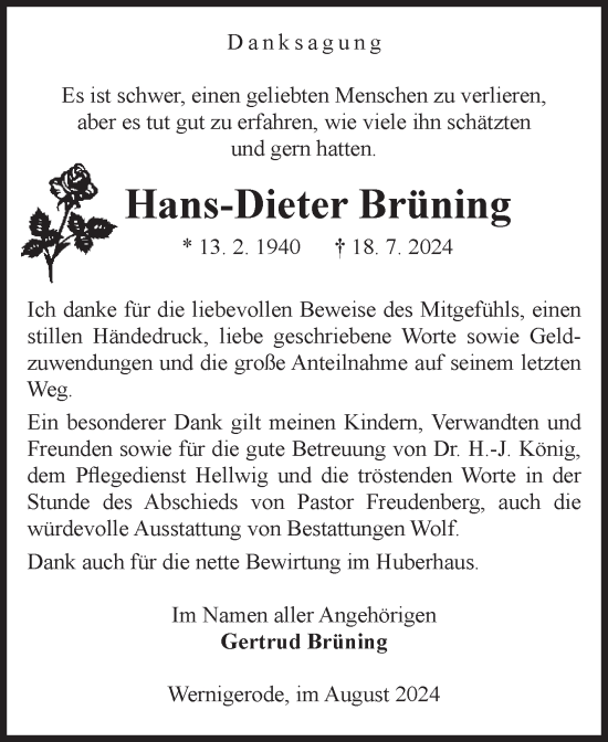 Traueranzeige von Hans-Dieter Brüning von Volksstimme Wernigerode