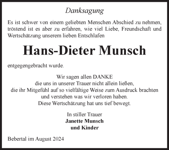 Traueranzeige von Hans-Dieter Munsch von Volksstimme Haldensleben/Wolmirstedt