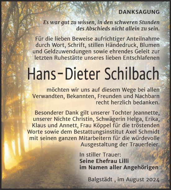 Traueranzeige von Hans-Dieter Schilbach von Super Sonntag Naumburg/Nebra